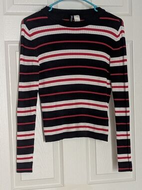 H&M Divided Striped Fitted Rib-Knit Top Black, White & Red Women's Medium